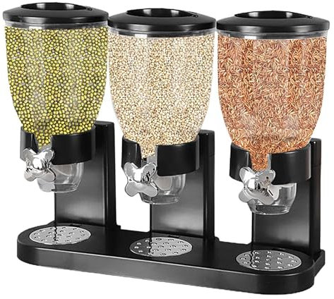 Distributeur de céréales triple – Distributeur de riz de 2 l, récipient pour aliments secs en polystyrène transparent avec support, distributeur de stockage