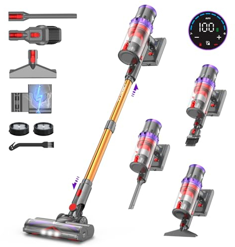 coovy SU7 Aspiradora sin Cable 580W/55Kpa/75Mins, Aspirador Escoba Vertical Potente con Pantalla Táctile LED, Antienredo y Modo Automático para Suelo Alfombras y Pelos de Animales