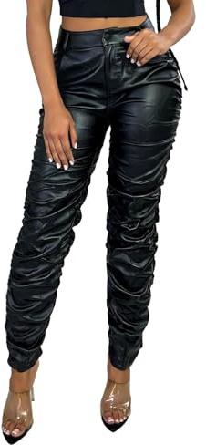 hibshaby Stretchy Faux Leather High Waist Pants for Women, Stacked Leggings Trendy High Waist Trousers Black XL