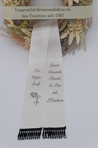 SuperSatin Trauerschleife mit Text, Grabsgesteckband nach Wunschtext, Urnen- Grabstrausschleife, Kranzschleife verschiedene Breiten (Natur, 10 cm für Strauß oder Gesteck)