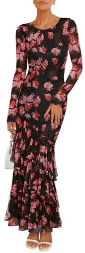 ZESICA Women's Spring Floral Wedding Guest Bodycon Dresses 2026 Long Sleeve Crewneck Mesh Ruffle Mermaid Party Maxi Dress Black X-Large