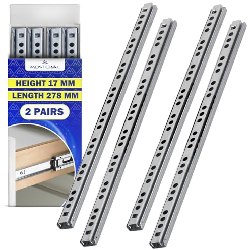 2 Paires Glissiere pour Tiroir sur Roulement à Billes 278 mm x H 17 mm - Télescopiques Coulisse Tiroir Ont une Extension Partielle de 202 mm - Garantie de 10 Ans - MONTERAL