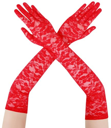 Spitzenhandschuhe Rot Halloween Handschuhe Lang Spitzen Handschuhe Damen Florale Spitze Party Fingerhandschuhe Ellenbogenlange Armstulpen für Hochzeit Brautparty Teepartys Maskerade