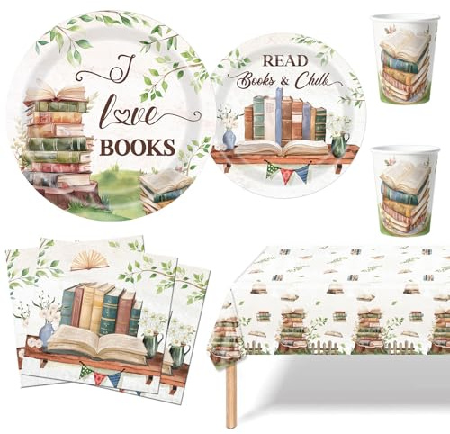 MORAINJAY 51 decorazioni per feste a libro, set di stoviglie da lettura, piatti di carta, bicchieri, tovaglioli, decorazioni e forniture per la tavola delle feste in biblioteca (10 ospiti)