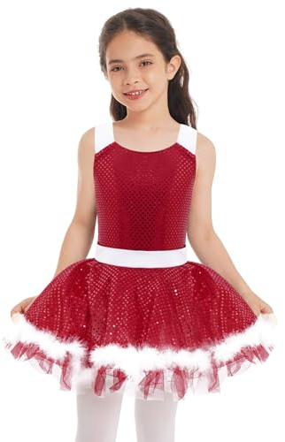 Xnihocha Petites Filles Robe De Noël Paillettes Robes De Ballet Justaucorps Robe Danse Robes Princesse Carnaval Costume Cosplay Rouge 11-12 ans