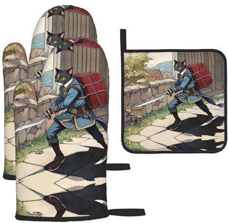 WZYWHJ Cat Carrying Sword Pattern Oven Gloves and Pot Rack 3-Piece Set Thickened Long Kitchen mitt