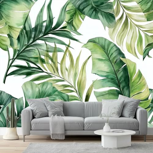 Fotomurales Plantas de acuarela, hojas tropicales frescas Papel Tapiz Moderno 200 x 140 cm Papel pintado tejido no tejido coración Pared corativos Sala Living Oficina Dormitorio Verde claro verde