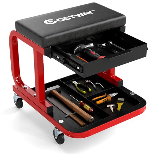 COSTWAY Werkstatthocker mit Rollen, Rollhocker bis 185 kg belastbar, Werkstatt Rollsitz mit Schublade & Ablage, Werkstattstuhl Montagehocker für Werkstatt & Garage (Schwarz)