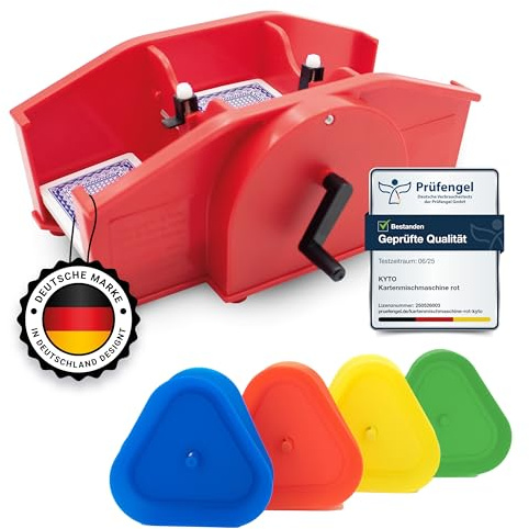 Kyto Manuelle Kartenmischmaschine mit Handkurbel – Spielkarten-Mischer – Rot + 4 Stück Spielkartenhalter für 35 Karten