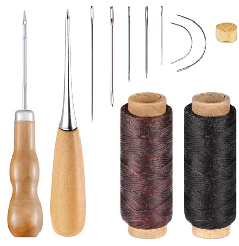 Ledergarn Nähset – 2 Rollen Reißfestes Wachsgarn (100m), 7 Leder-Nadeln, 2 Nähahle und 1 Fingerhut, für Lederhandwerk, DIY Nähprojekte, Reparaturen von Taschen, Schuhen und mehr
