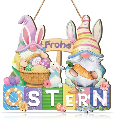 HPNIUB Frohe Ostern Zwerg Hase Tuerschild Osterfest Bunt Fruehling Deko