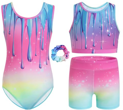 Gogokids Body da ginnastica per ragazze, set da 4 pezzi, body senza maniche con pantaloncini e crop top, vestito elastico da danza per 5-12 anni, Colorato sfumato, 8-9 anni