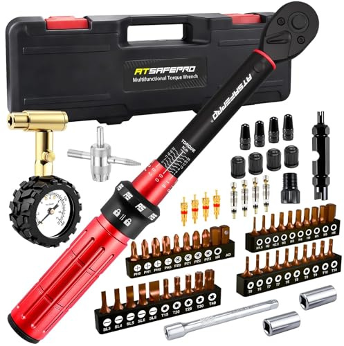ATsafepro Set 61-delar 1/4 1-25 Nm Momentnyckel Cykel, Däcktrycksmätare 11 Bar, ±3% Noggrannhet, 72-Tänder Dubbelriktad Ratt, Ventilverktyg, 40 Bits, Förlängningsskaft, Adapter för MTB E-Bike Motorcy