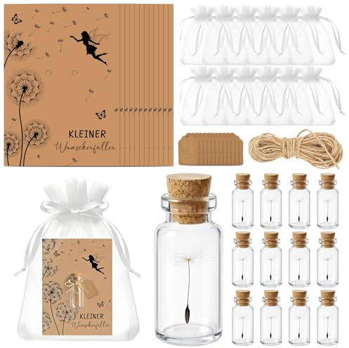 Set di 12 fiori di leone in vetro, veri fiori di leone come piccolo portafortuna con sacchetto di garza, biglietto di auguri con corda di canapa, ringraziamento, piccolo pensierino per compleanno