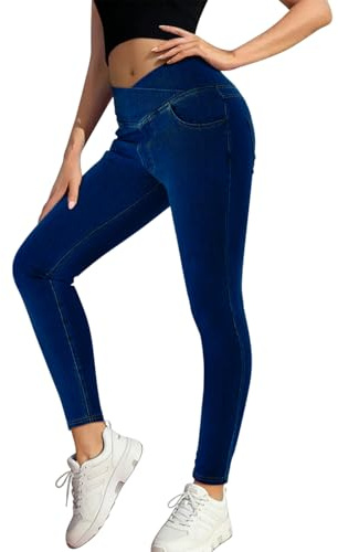 Onsoyours Jeggings Donna Skinny Jeans Vita Alta V Crossover Pantaloni in Denim Elasticizzati Jeggings per Yoga Fitness B Blu Scuro XL
