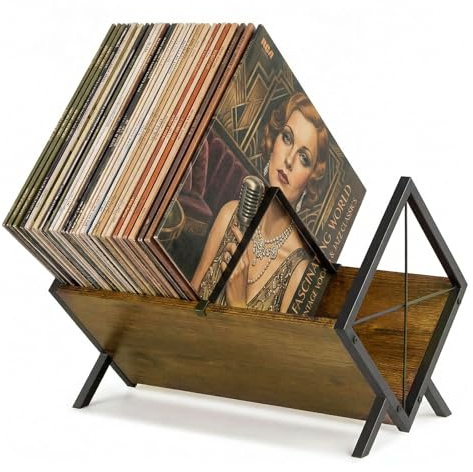 Levede Vinyl Record Storage, Record Player Stand for 80-100 LPs, Vinyl Storage Organizer with Sturdy MDF & Iron Frame, LP Record Holder for Albums, Books and Magazines, Brown