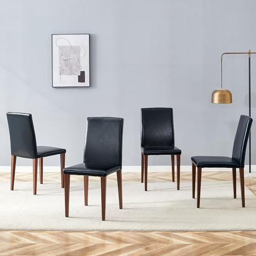 Juego de 4 Sillas de Comedor de Cuero PU y Metal, Modernas, Nogal y Negro