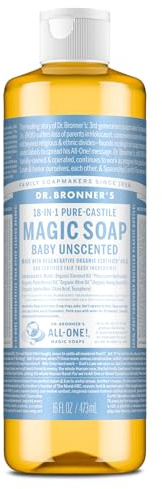 Dr Bronner's 18-i-1 Baby oparfymerad ren slott flytande tvål, tillverkad med ekologiska oljor, används för ansikte, hår, spädbarn, tvätt och disk, certifierad rättvis handel och veganvänlig, 473 ml