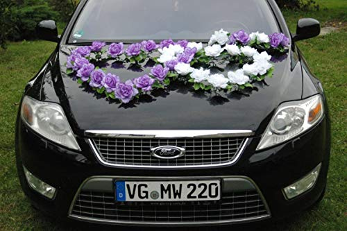 DOPPEL Herz Auto Schmuck Braut Paar Rose Deko Dekoration Autoschmuck Hochzeit Car Auto Wedding Deko Ratan (Lila/Reinweiß)