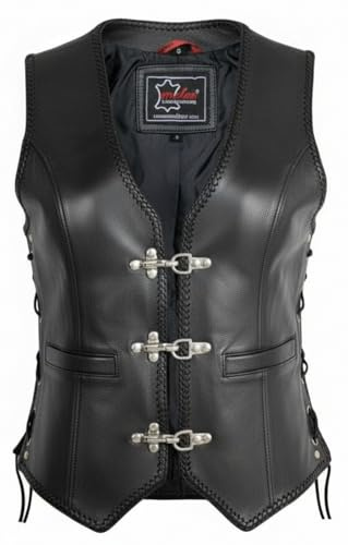 MDM Chaleco de piel mujer, chaleco moto biker con 3 hebillas, laterales ajustables y bolsillos interiores, corte entallado (FR/ES, Letras, M, Regular, Regular, Negro)