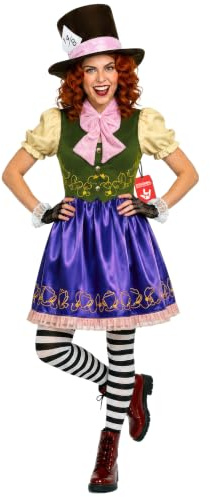Fun Shack Hutmacherin Kostüm Damen, Wunderland Halloween Kostüm Damen | Kleid, Handschuhe, Krawatte & Zylinder, Grün-lila Wunderland-Look, Perfekt für Halloween, Ideal zum Verkleiden