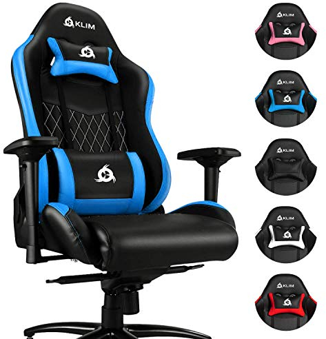KLIM Esports Silla Gaming Ergonómica - Nuevo - con Soporte Lumbar y Cervical - Reclinable - Silla de Escritorio Ajustable - Piel Sintética y Materiales Premium - Silla Gamer - Azul