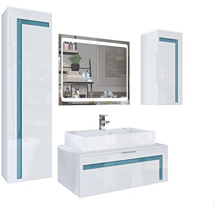 Vladon Set di mobili per Il Bagno Mobile Contenitore Aloha V2, Struttura in Bianco Opaco/Frontali in Bianco Lucido e sfalsati in Petrolio Lucido con lavabo da appoggio e Rubinetto (M1) e Specchio