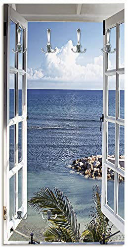 ARTLAND Wandgarderobe Holz mit 6 Haken 60x120 cm Design Garderobe mit Motiv Fensterblick Strand Meer Blau T9II