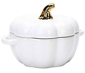 JLWM Zucca Zuppiera con 2 Maniglie, Zuppiere con Maniglie E Coperchio in Ceramica Porcellana Forno Microonde Cucina per Frutta Insalata Dolce-Bianco-400ML