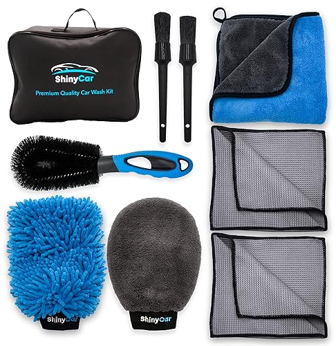 ShinyCar® UK: Premium Car Cleaning Kit with Bag - Professional Washing & Detailing Set, Includes Wash Mitts, A Game-Changing Microfibre Drying Towel, Waffle Cloths & Trio Of Brushes For A Deep Clean