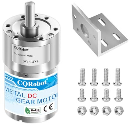 CQRobot 43.8:1 Metal DC Geared-Down Motor 37Dx54.8L mm 6V or 12V with Mounting Bracket Kit. 6V-6W-114RPM-9.5 kg.cm(132 oz.in), 12V-10W-228RPM-18 kg.cm(250 oz.in), D-Shaped Output Shaft Long 16mm.