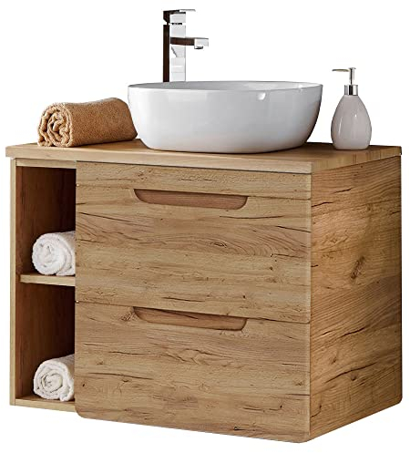 Lomadox Waschtisch-Unterschrank Set, Wotan Eiche Nb., Keramik-Waschbecken, 2 Softclose-Schubkästen, Regal, B/H/T ca. 81/76/46 cm