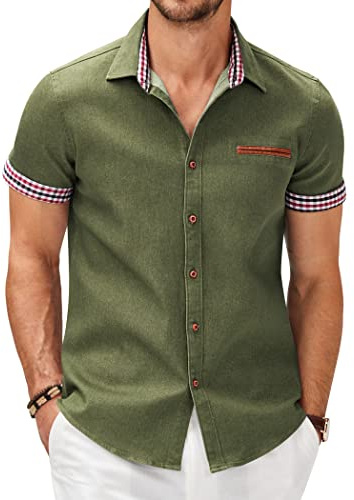 COOFANDY Mens Casual Cotton Short Sleeve Button Up Shirts Business Dress Shirt, Army Green, Large
