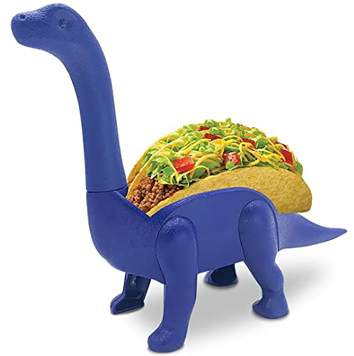 Vezna Home Goods Dinosaur Taco Holder for Kids, Blue Brontosaurus Dino Plate Serving Tray Stand Holds 2 Shells for Fun Taco Tuesday Party, Novelty Funny White Elephant Gift for Adult Food Lovers