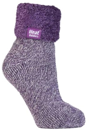 HEAT HOLDERS Ladies Lounge Feather Turn Over Cuff Socks with Grips 1 Pair | Cosy, Warm Slipper Socks, Soft, Non-Slip Gripper, Gift Idea