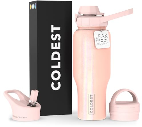COLDEST Sports Water Bottle - 3 Lids (Chug Lid, Straw Lid, Handle Lid) Tumbler with Handle on Lid Water Bottles Cup Vacuum Insulated Stainless Steel, Fits Cirkul Lid (36 oz, Forever Pink Glitter)