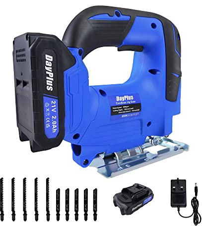 340W Cordless Jigsaw Powerful Reciprocating Saw, Portable Lightweight Electric Jigsaw with 21V 2.0AH Battery & Charger, 2600SPM, 26mm Stroke Length, Angled Cut ± 45 °, 4 Orbital Position Settings