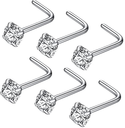 JOYMORE 20g 3.0mm Clear CZ 6pcs 316L Surgical Steel Nose Ring Studs L Shaped Nose Studs for Women L-Shape 20 gauge Stainless Steel Nostrial Piercing Nose Rings