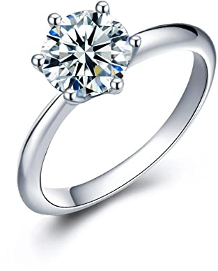 CRYSLOVE Anillo de compromiso clásico para mujer, de plata de ley 925, moissanita con diamante simulado, circonitas, aniversario, boda, promesa, Plata de ley, oro blanco, Moissanita