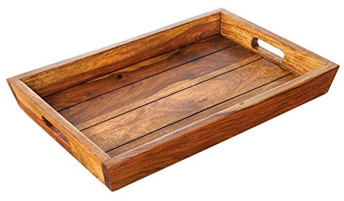 Tablett MAKASSAR 45cm - Natur - Sheeshamholz Stone Finish Servieren | Montiert, Massivholz, einzigartige Maserung, Servierbrett, lackierte Oberfläche, Accessoire-Ablage, Dekoration