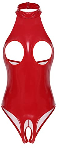 Freebily Damen Wetlook Body Brustfrei Latex Catsuit Kleid Ouvert Lackleder Bodysuit Nachtwäsche Pole Dance Outfit Rot M