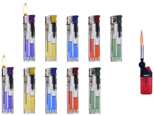 10x Piezo Einweg Feuerzeug mit Gasbehälter transparent, Gasfeuerzeug Normale Flamme + 1x (Konsumany® Stab- Stumfeuerzeug 12,5 cm Lang)