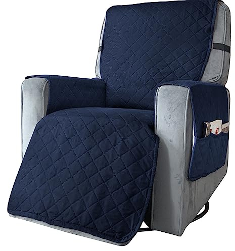 Highdi Wasserdicht Rhombus Sesselschoner für Fernsehsessel 1 Sitzer, Sesselauflage mit Armlehnen, Relaxsessel Sesselschoner mit Verstellbaren Riemen und Taschen, Lehnenschutz (Groß,Navy Blau)