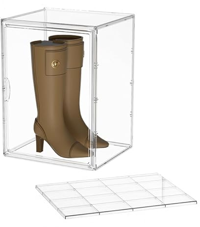 Attelite XXX-Large Clear Display Case Stackable Plastic Storage Bins with Lid, 2 Tiers Boot Shoe Box Organizers with an Adjustable Divider, Big Acrylic Display Storage Box with Magnetic Door