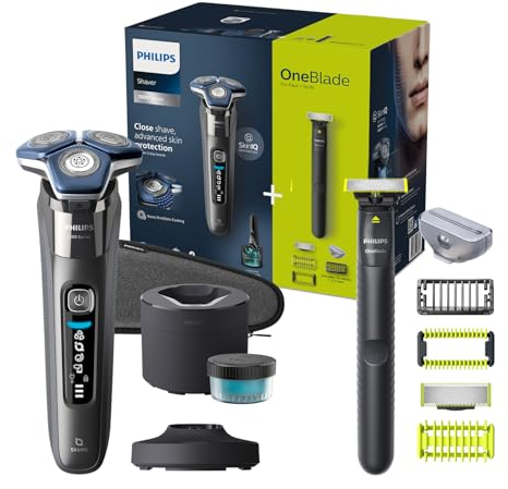 Philips Shaver S7000 - Rasoir électrique Wet & Dry Chrome foncé avec technologie SkinIQ avec tondeuse rétractable, Quick Clean Pod et cartouche, lame Philips OneBlade (modèles S7887/78 et QI1864/20)