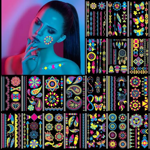 20 Blatt im Dunkeln leuchtende temporäre Tattoos, 160+ Style, Adult Fluoreszenz, UV-Neon, Körper, Gesicht, gefälschte wasserdichte Tattoo-Aufkleber für Damen und Herren, Rave-Festival-Zubehör