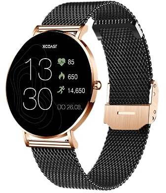 XCOAST SIONA 2: Elegante Damen Smartwatch, Ultra-flach, wasserdicht (IP68), Herzfrequenz, 21 Sportarten, 7 Tage Akku. Gratis Roségold-Mesh Ersatzarmband.