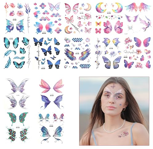 14 Blätter Temporäre Tätowierung, Glitzer Schmetterlings Dekolleté Tattoos Wasserdichter Schmetterlings Gesichts Gold Tattoo Aufkleber für Frauen und Mädchen Festival Party Augen Gesichts Make up