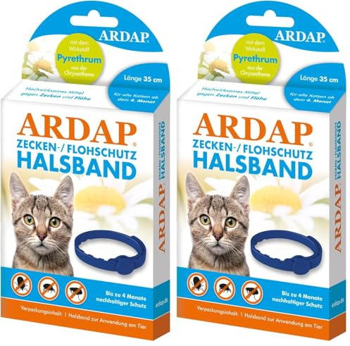 ARDAP Zecken- & Flohschutzhalsband für Katzen ab dem 4. Monat - Bis zu 4 Monate nachhaltiger Langzeitschutz - Natürlicher Wirkstoff gegen Zecken & Flöhe (Packung mit 2)