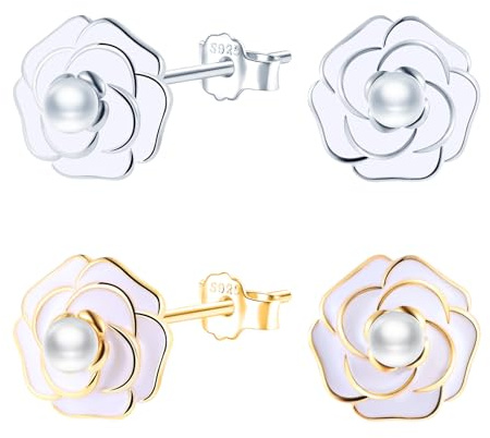 MICMIF örhängen dam silver 925 kamelia blomma örhängen sterlingsilver vitt kronblad emaljörhängen pärla blomma smycken gåvor för kvinnor flickor, Pärla Emalj 925 sterling silver Pärla Emalj, Pärla